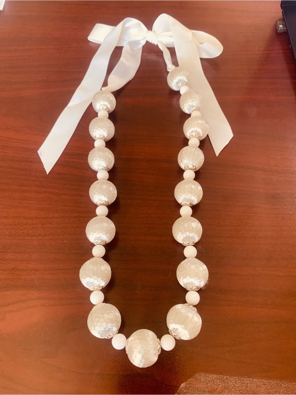 White Sequin Bead Ribbon Necklace - Elegant Women’s Jewelry